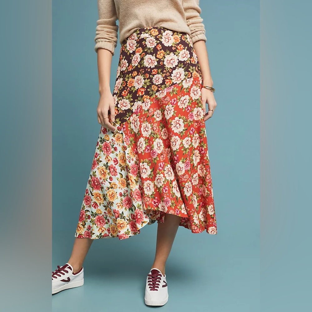 FARM Rio Floral Asymmetrical Patchwork Skirt in Red, Brown & Cream